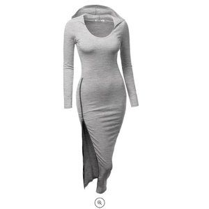 Women's Fitted Hooded Dress Asymmetrical Zip Front Long Sleeve Midi Length